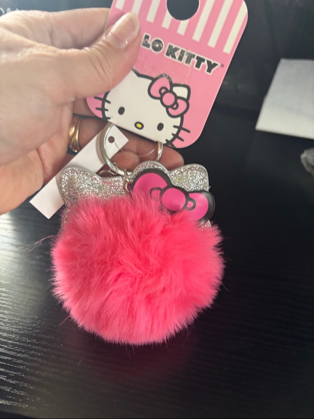 Hello Kitty Hot Pink Faux Fur Pom Keychain with Glitter Bow